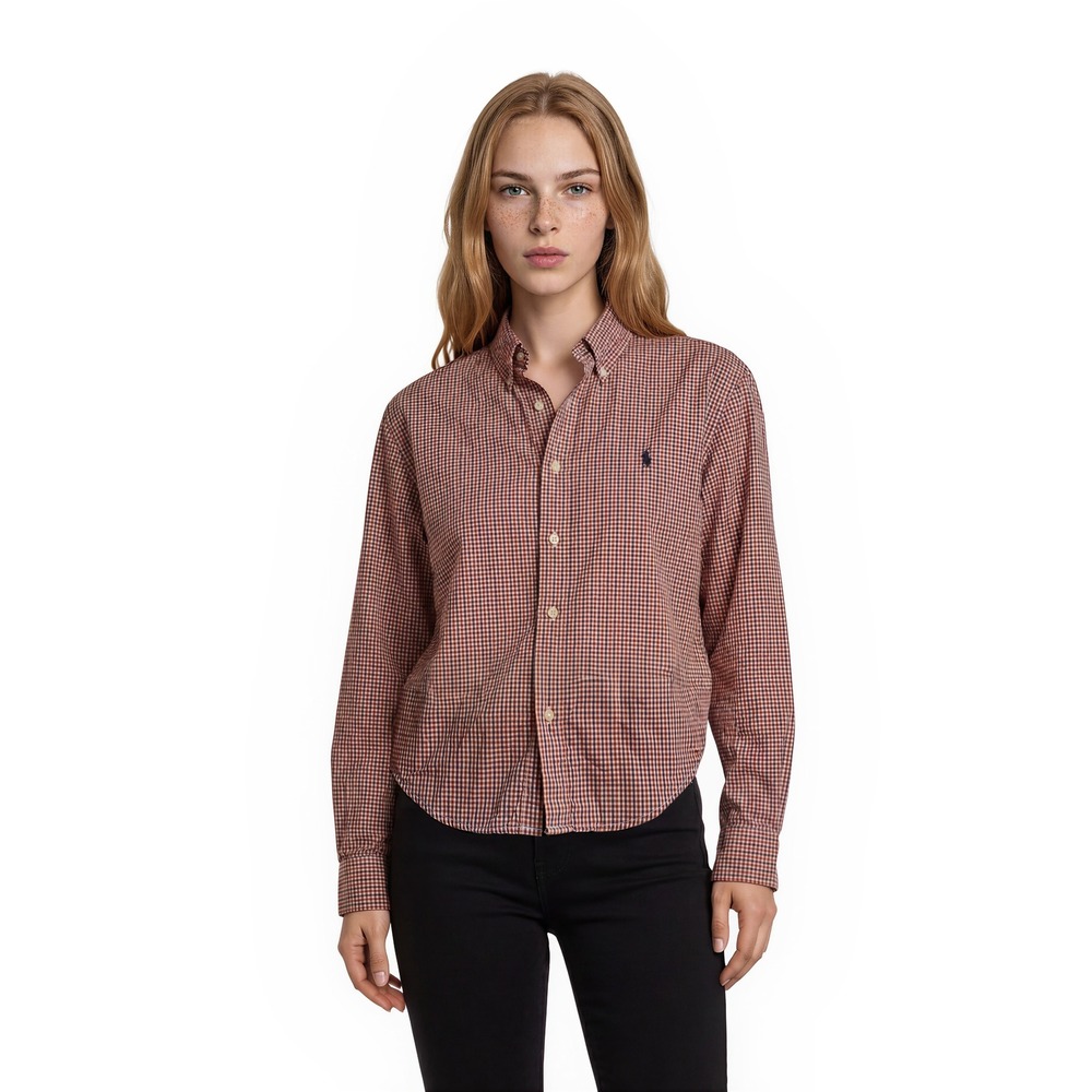 Polo Ralph Lauren Shirt Top Womens Size XL Orange Navy Ruffle‎ Collar Upcycled
